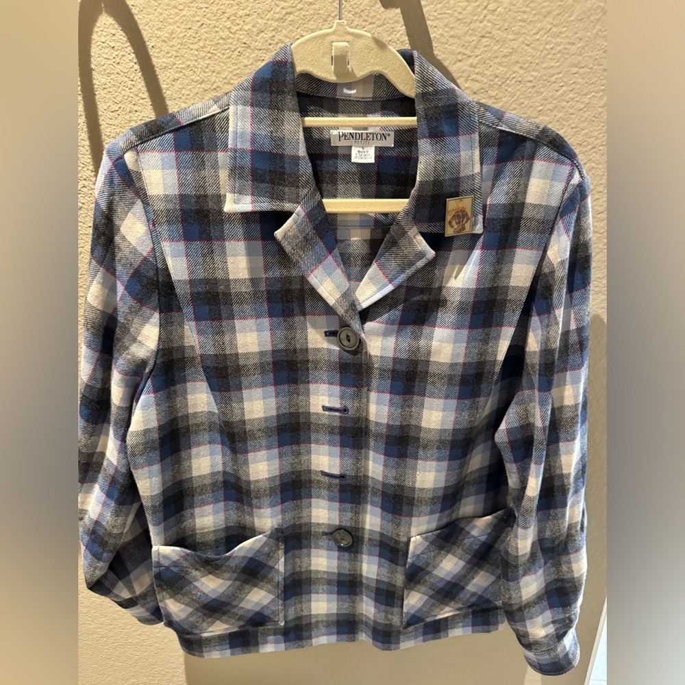 Pendleton 49er Jacket Women's Medium Gray Blue Plaid Wool Limited Edition USA